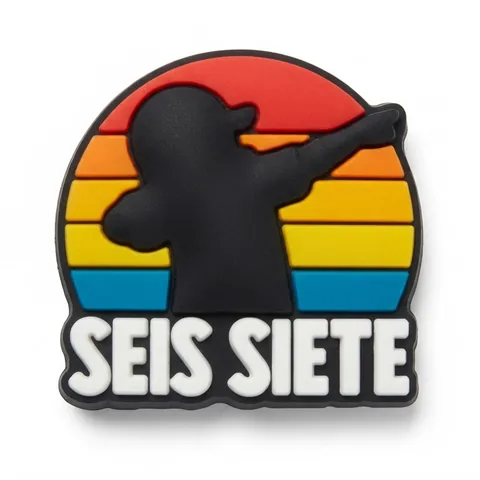 Jibbitz Seis Siete : silhouette noire qui fait le dab sur un coucher de soleil rétro rayé
