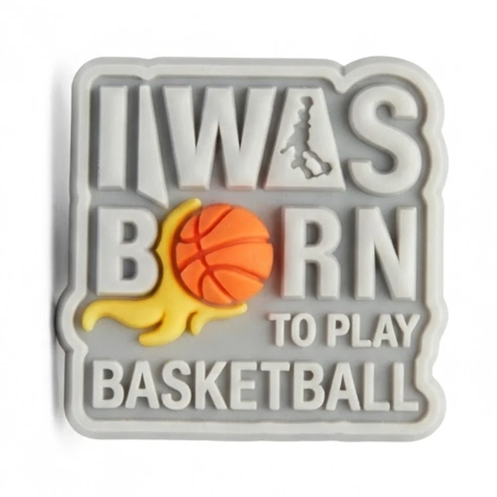 Jibbitz plaque grise I was born to play basketball avec ballon orange à la place du O
