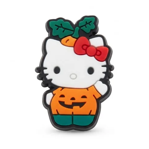 Jibbitz Hello Kitty en costume de citrouille orange, tige à feuilles vertes et nœud rouge