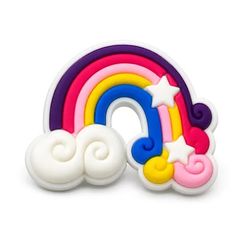 Jibbitz arc-en-ciel violet, rose, bleu et jaune sur nuages blancs avec étoiles