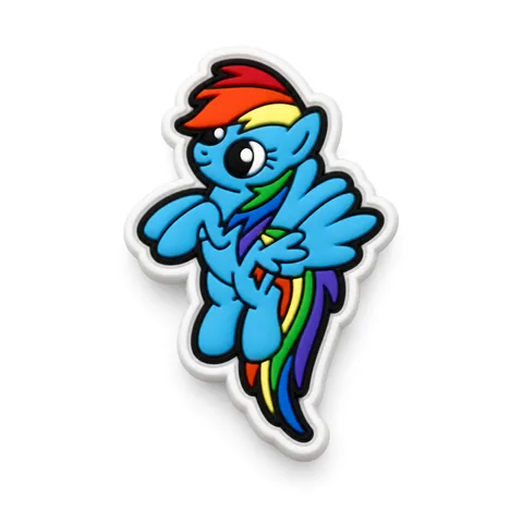 Jibbitz Rainbow Dash en vol, poney bleu aux ailes déployées et queue arc-en-ciel